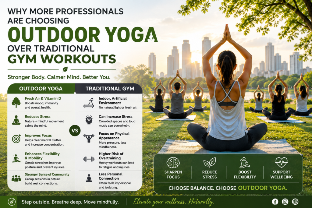 Discover why professionals are choosing outdoor yoga over traditional gyms. Learn how yoga improves focus, reduces stress, boosts flexibility, and supports overall wellbeing.