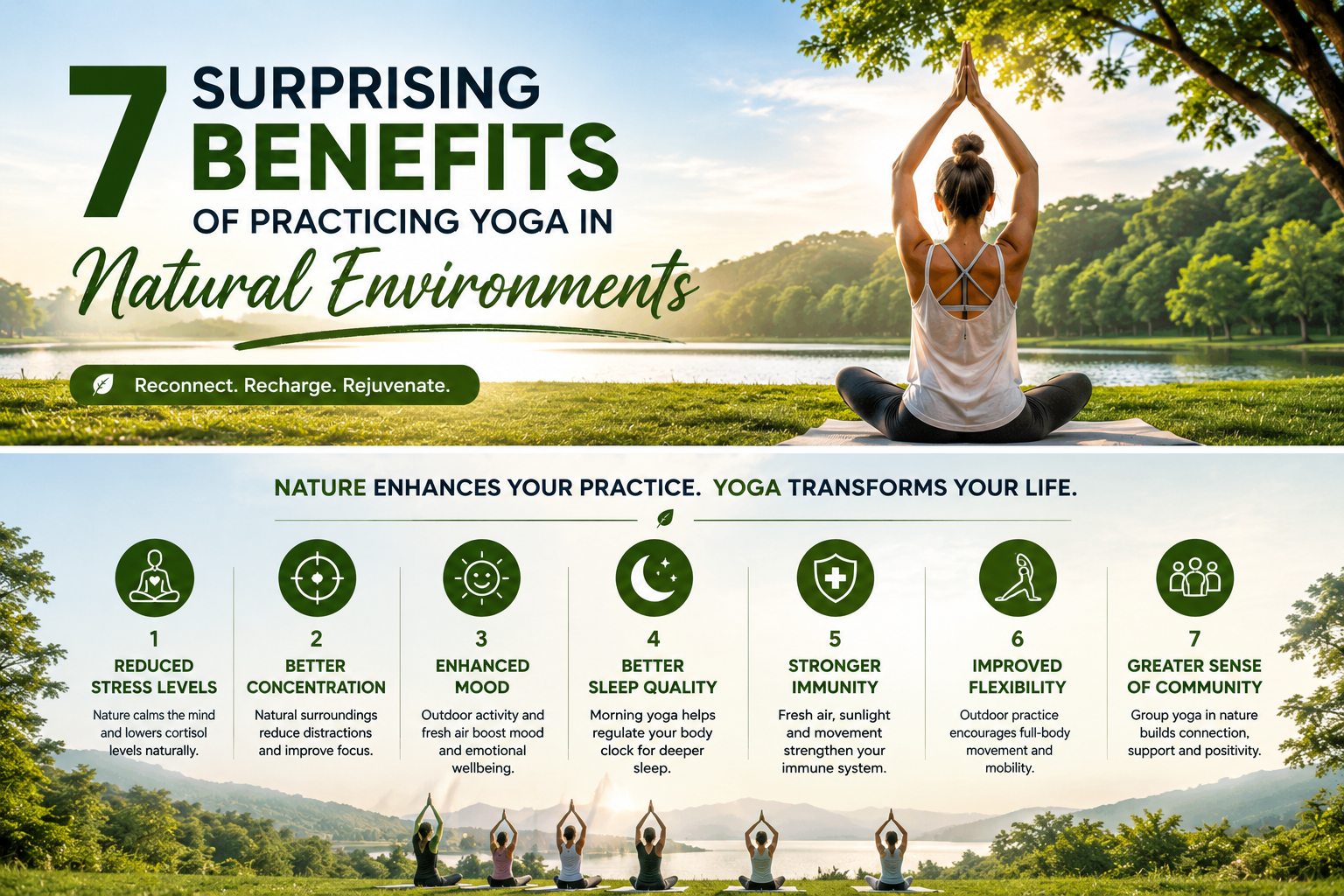 Explore 7 surprising benefits of outdoor yoga, from reduced stress and better sleep to improved focus, flexibility, immunity, and emotional wellbeing.